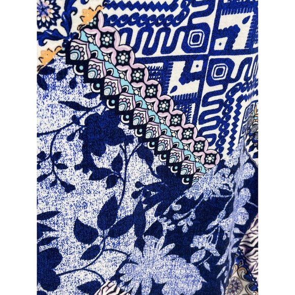 Chicos Blue Patchwork Print Blouse Medium Short Sleeve Boho Floral Top - Picture 6 of 12